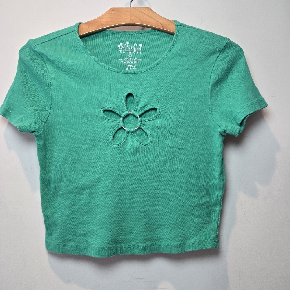 OG Babe Shirt Y2k Baby Doll Tee Large Junior's Green Flower Cutout Crop Top